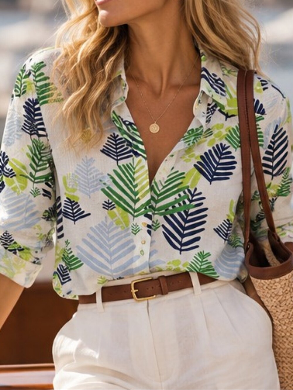 $148 CK Bradley Palm Leaf Floral Print Button Up Long Sleeve Tenley Blouse